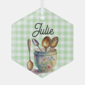 "Green and White Checkered - Spoons in Cup Glas Ornament (Voorkant)