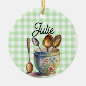 "Green and White Checkered - Spoons in Cup Keramisch Ornament (Voorkant)