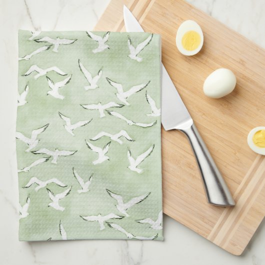 Green And White Seagull Beach Bird Pattern Theedoek (Quarter Fold)