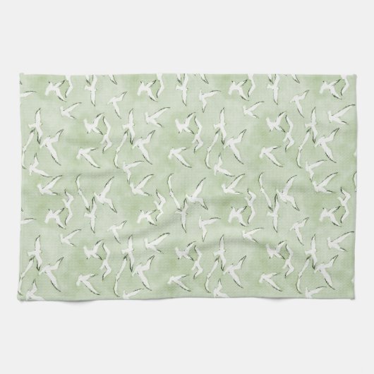 Green And White Seagull Beach Bird Pattern Theedoek (Horizontaal)