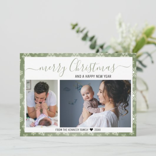 Green And White Snowflakes Merry Christmas Photo Feestdagenkaart (Staand voorkant)
