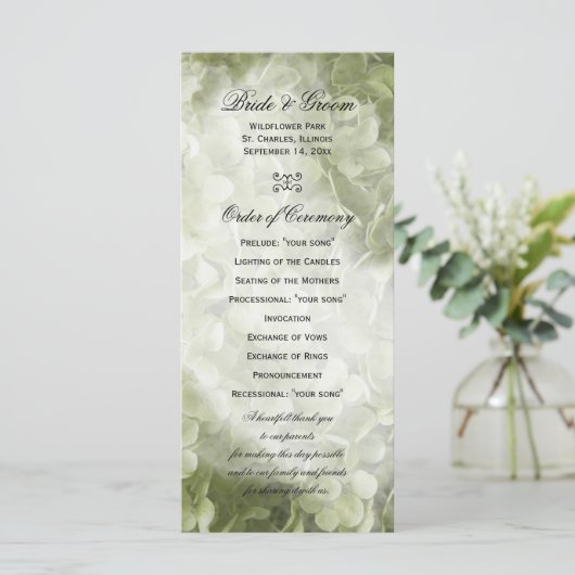 Green Annabelle Hydrangea Floral Wedding Programme Programma (Staand voorkant)