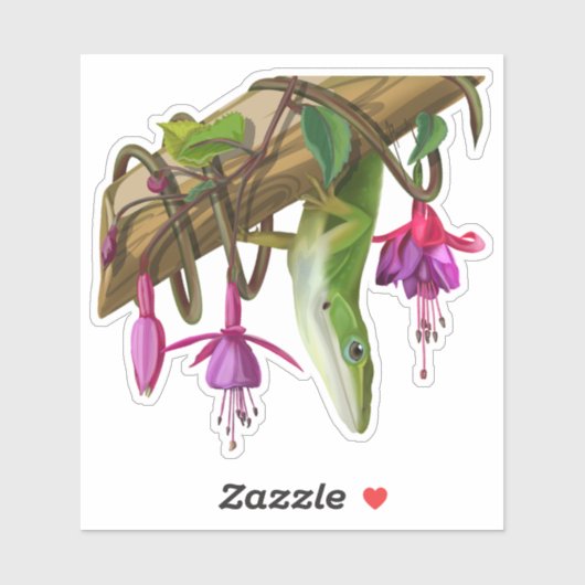 Green anole with Fuchsias  Sticker (Vel)