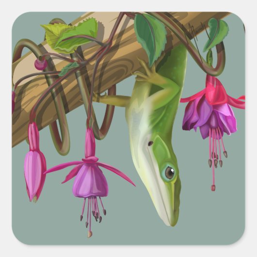 Green anole with Fuchsias Vierkante Sticker (Voorkant)