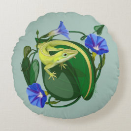 Green Anole with Morning Glory  Rond Kussen