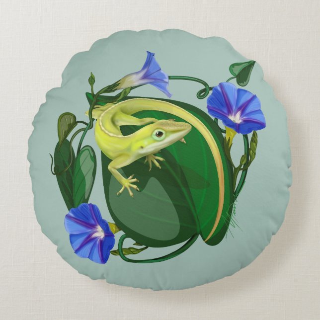 Green Anole with Morning Glory  Rond Kussen (Voorkant)
