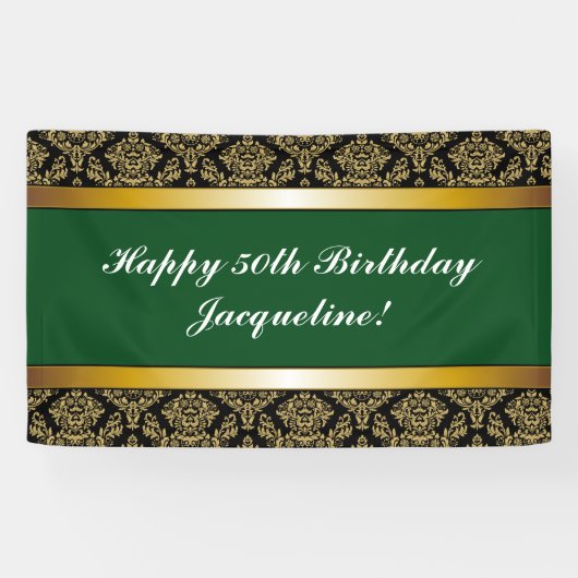 Green Any Age Gold Damask Anniversaire Bannière (Horizontal)