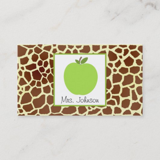 Green Apple Giraffe Print Teacher Visitekaartje (Voorkant)