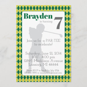 Green Argyle Golf Birthday Invitation Kaart
