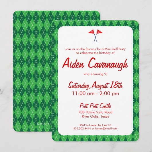 Green Argyle Mini Golf Kids Birthday Uitnodigingen (Voorkant / Achterkant)