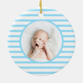 Green Baby Dino | Eerste kerstbaby Blauwe Stripe | Keramisch Ornament (Achterkant)