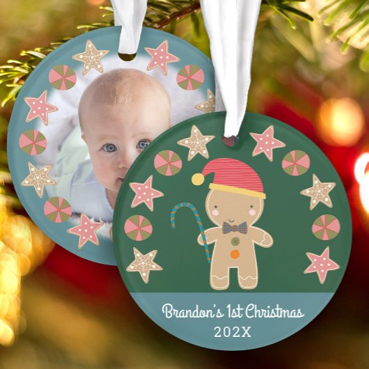 Green Baby Photo First Christmas Gingerbread Boy