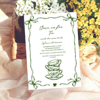 green baby shower tea bow hand drawn kaart