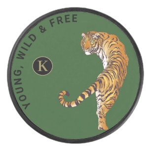 Green Background van Young, Wild & Free Tiger Mono Hockey Puck