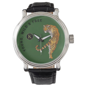 Green Background van Young, Wild & Free Tiger Mono Horloge