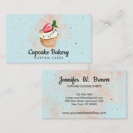 Green Baker Pastry Waterverf Aardbeien Cupcake Visitekaartje (Voorkant / Achterkant)