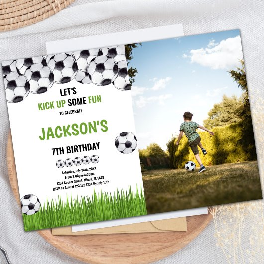 Green Ball Soccer Anniversaire Invitations avec ph