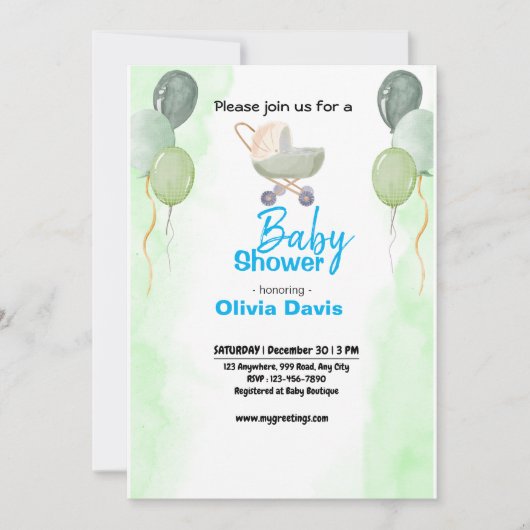 Green Baloon Baby shower Invitation Kaart (Voorkant)