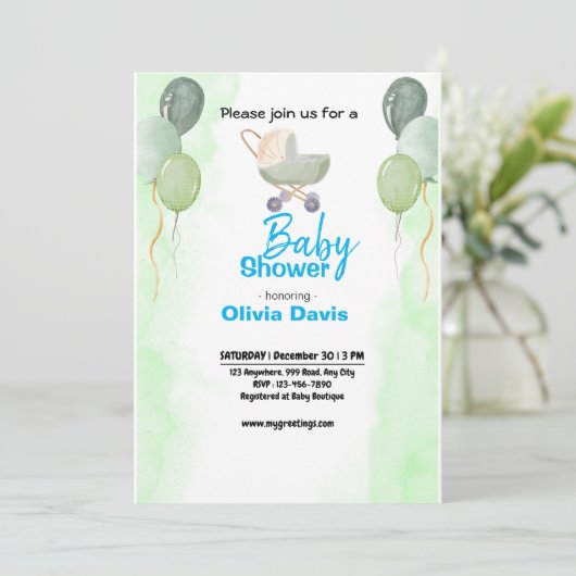 Green Baloon Baby shower Invitation Kaart (Staand voorkant)