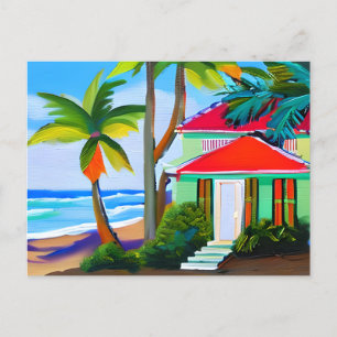 Green Beach House, palmbomen en oceaan Briefkaart