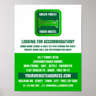 Green Bed Logo, Hostel Accommodatie Adverteren Poster