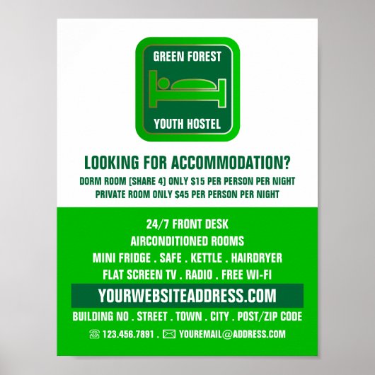 Green Bed Logo, Hostel Accommodatie Adverteren Poster (Voorkant)