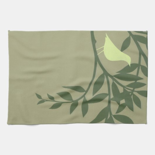 Green Bird Perched on Green Branch Theedoek (Horizontaal)