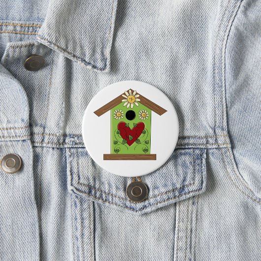 Green Birdhouse met hart en madeliefjes Ronde Button 7,6 Cm