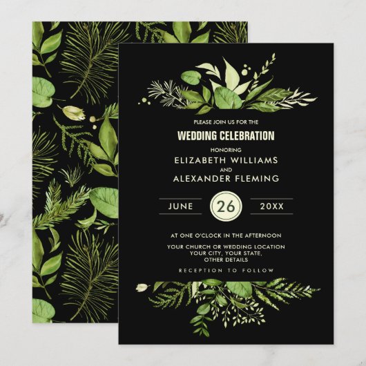 Green Black Botanical Waterverf Wedding Kaart (Voorkant / Achterkant)