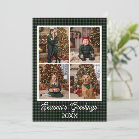 Green & Black Buffalo Plaid Aangepaste naam en tek Feestdagenkaart (Staand voorkant)