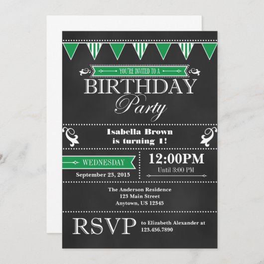 Green Black Chalkboard Invitation d'anniversaire (Devant / Derrière)