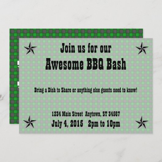 Green Black Check Pset BBQ Uitnodiging (Voorkant / Achterkant)