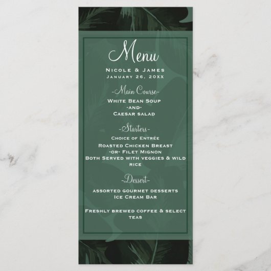 Green & Black Chic Tropical Feuille Menu Mariage (Devant)