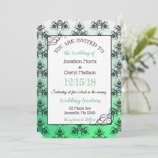 Green Black Damask Classy Wedding invitations (Debout devant)