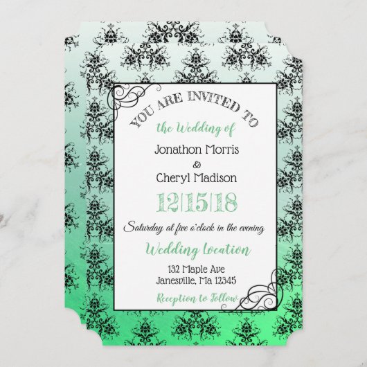 Green Black Damask Classy Wedding invitations (Devant / Derrière)