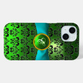 GREEN BLACK DAMASK GEM MONOGRAM Aqua Blue Ribbon Case-Mate iPhone Case (Achterkant (horizontaal))
