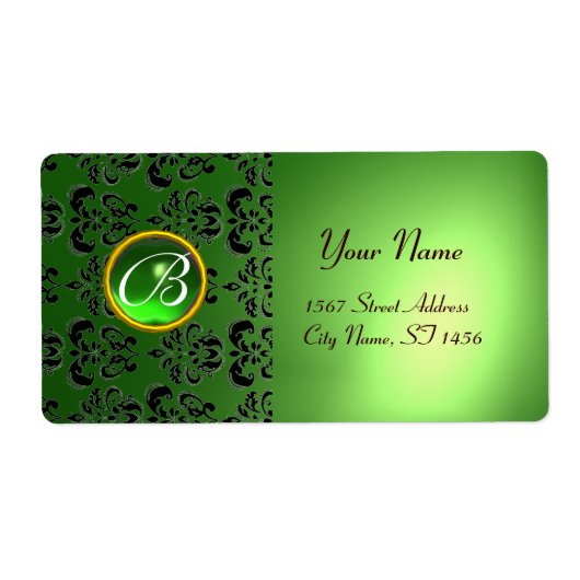 GREEN BLACK DAMASK MONOGRAM, emerald Etiket (Voorkant)