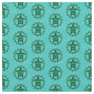 Green Black Maori Sun Symbol Tribal Turtles Stof