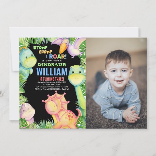 Green Black Photo Dinosaur Invitations d'anniversa (Devant)