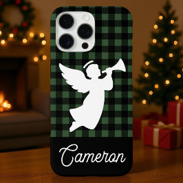 Green & Black Plaid with Angel Custom Name iPhone 16 Pro Max Hoesje