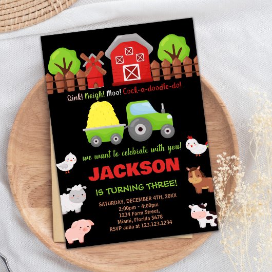 Green Black Red Farm Animaux Invitations Anniversa