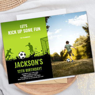 Green Black Soccer Birthday Invitations w foto Kaart