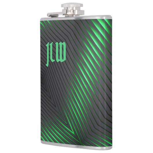 Green Black Stripes Techno Abstract met Initialen Heupfles (Links)