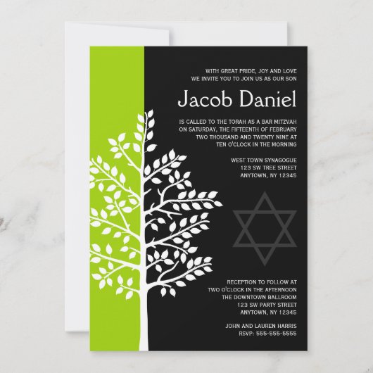 Green Black Tree of Life Bar Mitzvah Invitations (Devant)