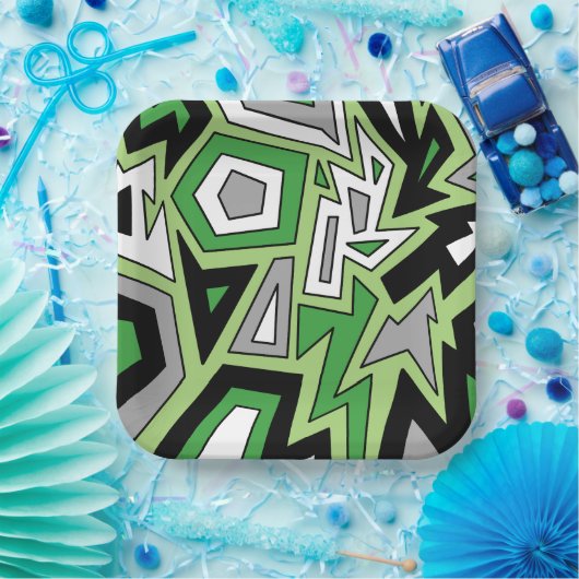 Green Black White Grey Aro Geometric Abstract Papieren Bordje (Feest)