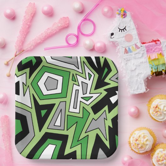 Green Black White Grey Aro Geometric Abstract Papieren Bordje (Feest)