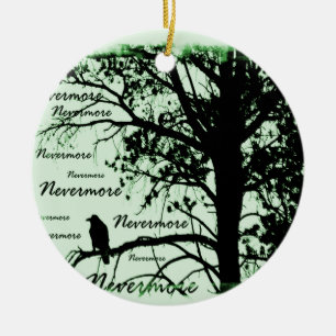 Green Black & White Nevermore Raven Silhouette Keramisch Ornament