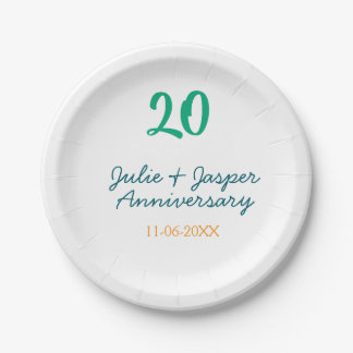 Green blue 20th anniversary name date orange  papieren bordje