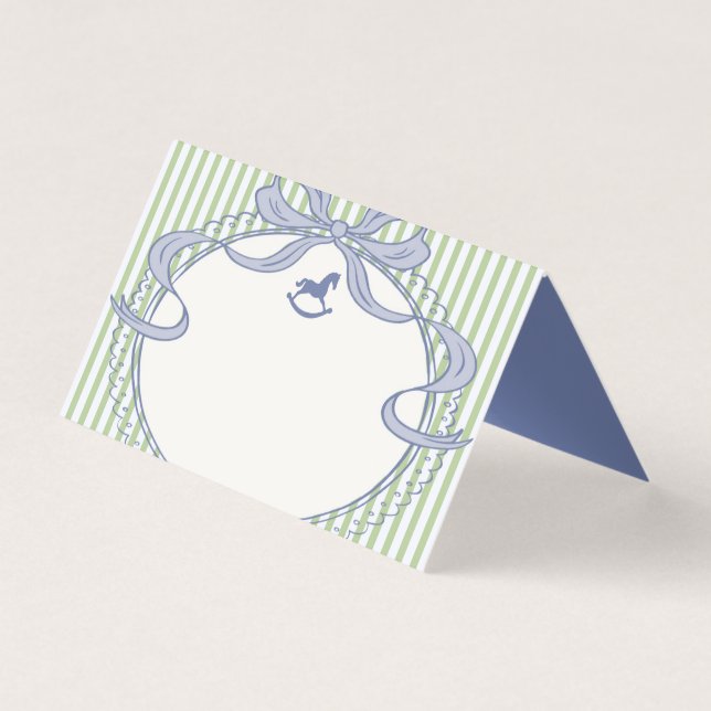 Green & Blue Coquette Bow Rocking Horse Place Card (Front)