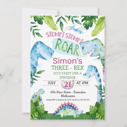 Green Blue Dinosaur T Rex Invitation d'anniversair (Devant)
